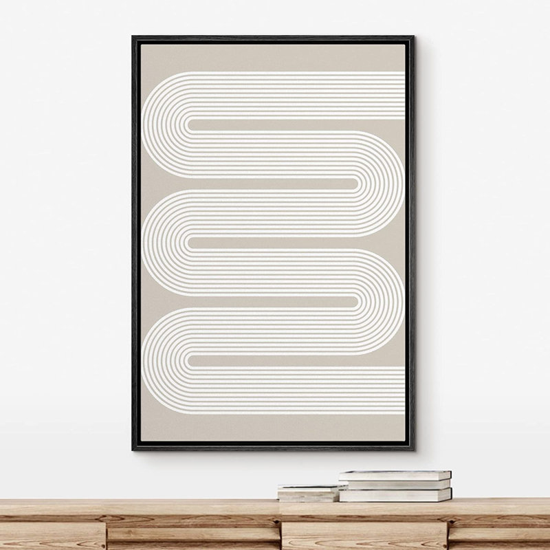 «Geometric Line», reproduction d'art sur toile encadrée, motif de vagues Mid-Century pastel gris et gris, formes abstraites, illustration, minimalisme, géométrique décoratif pour le salon, la chambre à coucher, le bureau