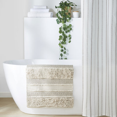 Tapis pour salle de bain 20 x 32 po à rayures naturelles, texture tissée, envers antidérapant, lavable à la machine, à poils longs 20 x 32 po, texturé lourd, salle de bain