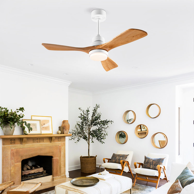 42" 3- Blade Ceiling Fan With Remote Control And Led Light, White, Oak Wood