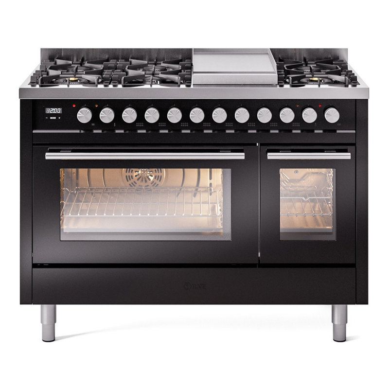 ILVE Professional Plus II 48 Dual Fuel Range, 8 Sealed Burners, Griddle (Glossy Black), Natural Gas, Glossy Black