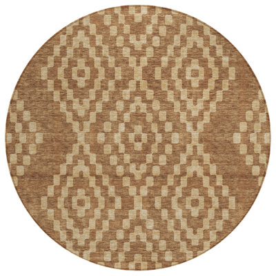 8' Brown And Beige Round Geometric Washable Indoor Outdoor Area Rug