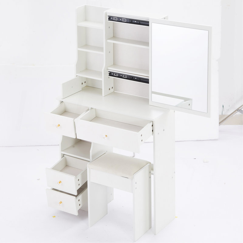 29.2" Small Space Left Drawer Desktop Vanity Table + Cushioned Stool, Extra Large Right Sliding Mirror, Multi Layer High Capacity Storage, Practical Fashionable Dresser, Suitable For Small Space