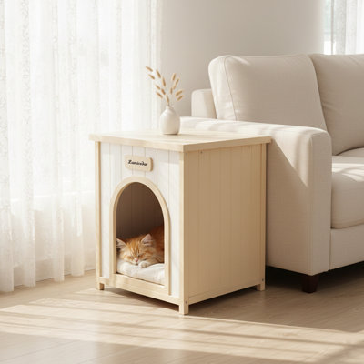 Modern Indoor Wooden Dog House with Removable Cushion - Solid Cedar Pet House for Small Dogs & Cats, Furniture-Grade Scandinavian Design