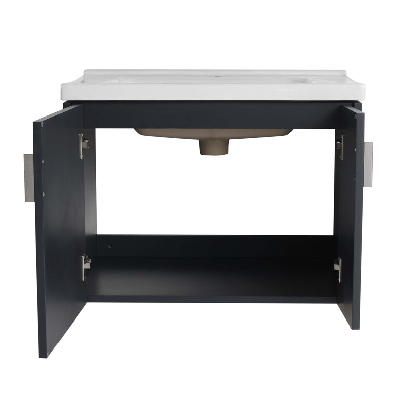 Meuble-lavabo de 28 po avec lavabo en céramique, pour petite salle de bain, meuble-lavabo avec porte, Noir, noir, noir, noir
