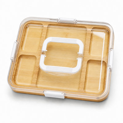 Planche à charcuterie avec couvercle transparent, plateau de service portatif en bambou avec poignées, 5 compartiments, planche à découper de fromage de voyage pour pique-nique, cadeau de pendaison de crémaillère
