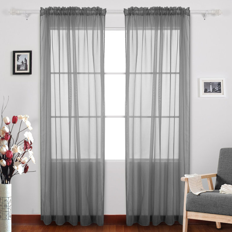 Sheer Curtains / Drapes Pair, 52" W x 95" L, Gray