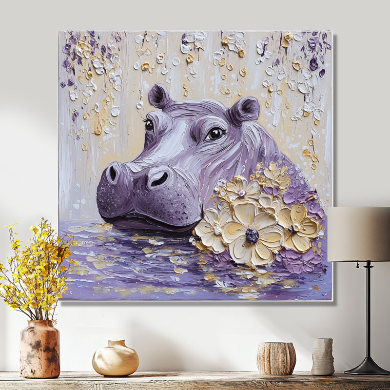 Lavande, hippopotame, pâture, les prés II - Hippopotame, impression d'art mural, H 16 po x l 16 po, Toile tendue