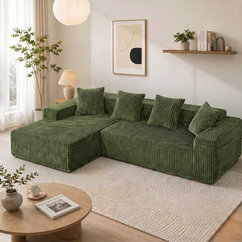 Modern Oversized 262cm Boneless Corner Sofa L-Shaped Corduroy Sofa With Storage Pockets, Left Hand Facing, Green