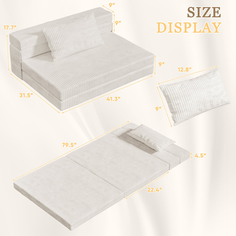 Folding Sofa Bed, Compression Couch With Pillow Futon Convertible Sleeper Chair Bed, Corduroy Beige