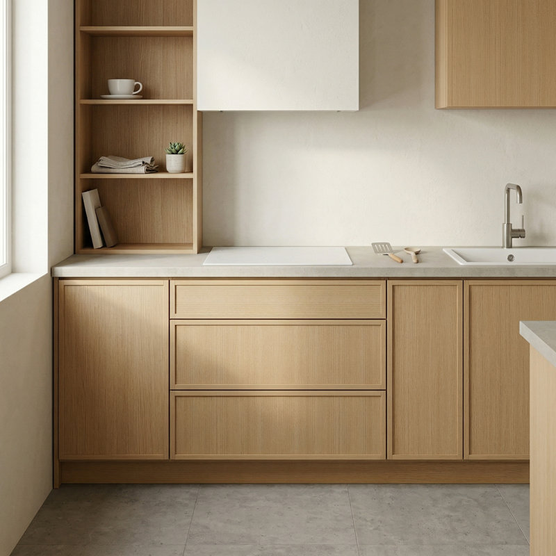 Armoire moderne en chêne blanc avec 3 tiroirs, fabrication de boîtes en contreplaqué, conception de shaker étroit, glissières à fermeture en douceur sous le comptoir, tailles multiples pour des aménagements personnalisés (12 po à 36 po)