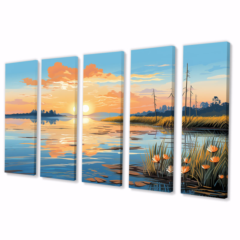 «Sunset Ocean Mosaic - Pop Art», ensemble de 5 décorations murales, H 28 po x l 60 po