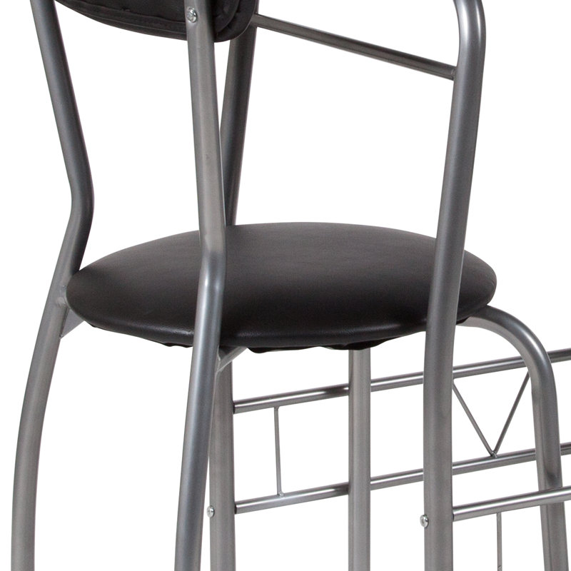 3 Piece Space-Saver Bistro Set with Glass Top Table and Vinyl Padded Chairs, Balck
