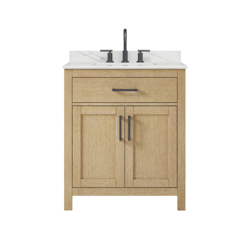 Beckett 30" Freestanding Single Bathroom Vanity with Quartz Top, Whitewashed Oak, Matte Black, Giotto Quartz