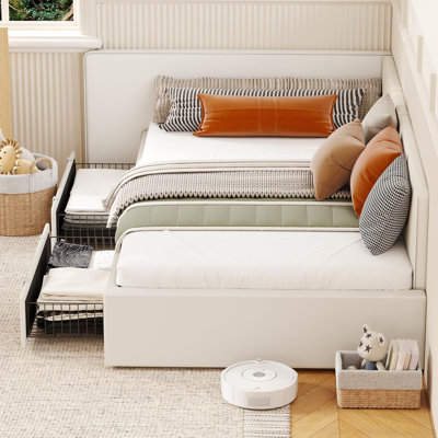 Structure de lit simple d'angle avec tête de lit, rails de lit et tiroirs de rangement, canapé-lit rembourré en velours avec garde-corps pour chambre à coucher, chambre d'amis, installation réglable
