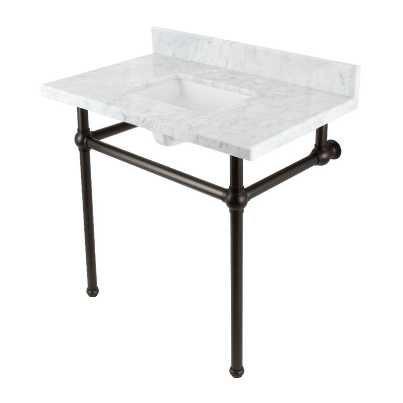 Kingston Brass Templeton 36-Inch Carrara Marble Console Sink with Brass Legs (8-Inch, 3-Hole), Marble White/Oil Rubbed Bronze