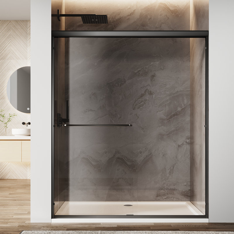 60" X 72" Double Sliding Doors with Double-handle towel rack and 1/4" Tempered Glass, Matte Black, Matte Black