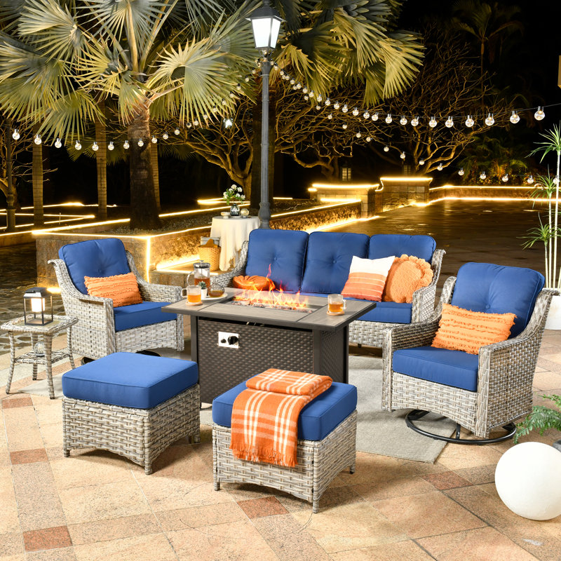Ensemble d'extérieur en osier pour 5 personnes Emanuell avec chaises pivotantes et coussins inclus, Marine