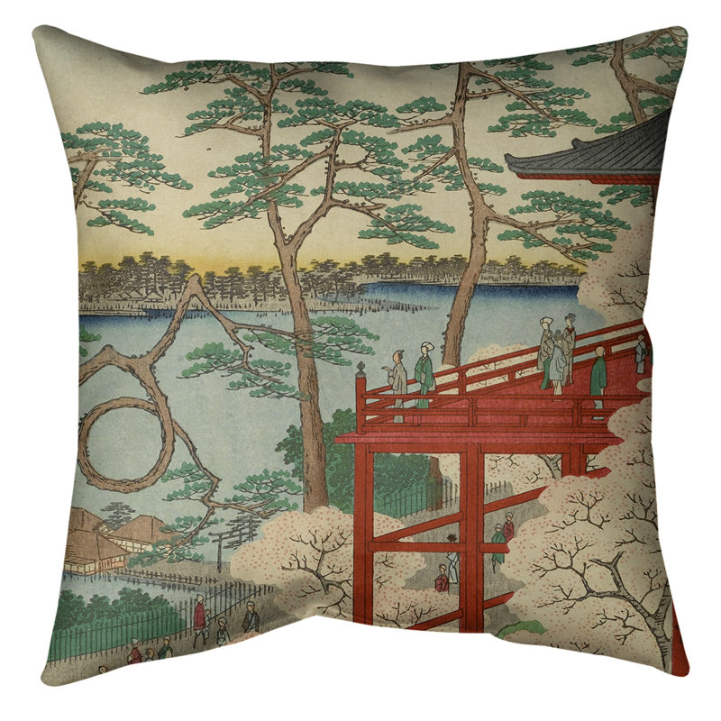 Coussin décoratif Kiyomizu Hall et Shinobazu Pond à Ueno, 20 po x 20 po, Rouge / Blanc, Polyester sergé