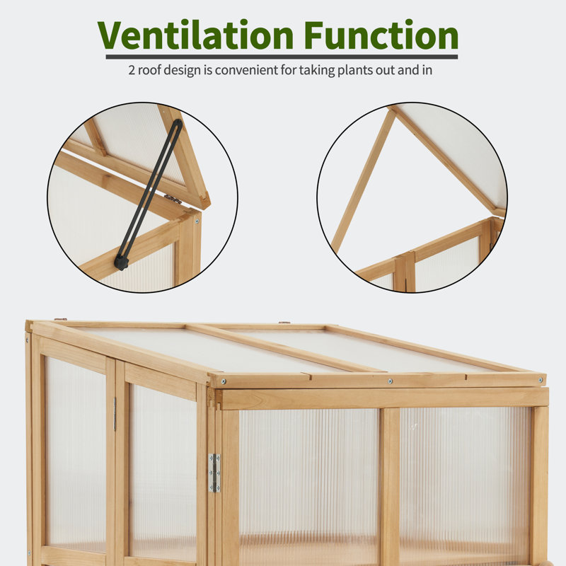 Natural Fir Wood 2-Tier Foldable Greenhouse with Polycarbonate Panels