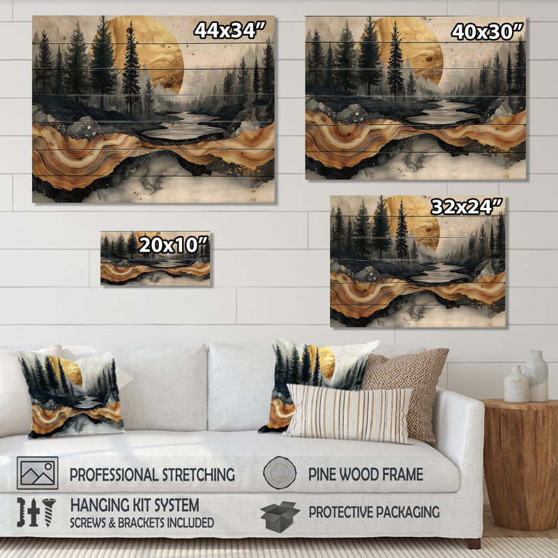 Paysage de forêt de pins sur pierre Horizon III - décoration murale bois de forêt - sur bois de pin naturel