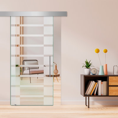 Porte de grange coulissante en verre sans cadre avec design moderne givré + ensemble de quincaillerie (non privé)