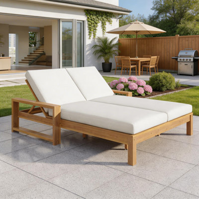 Outdoor Double Chaise Lounge with 5-Position Adjustable Backrests, Wood Patio Lounge Chair with Removable Cushions for Poolside, Garden & Patio (Light Teak+Beige)