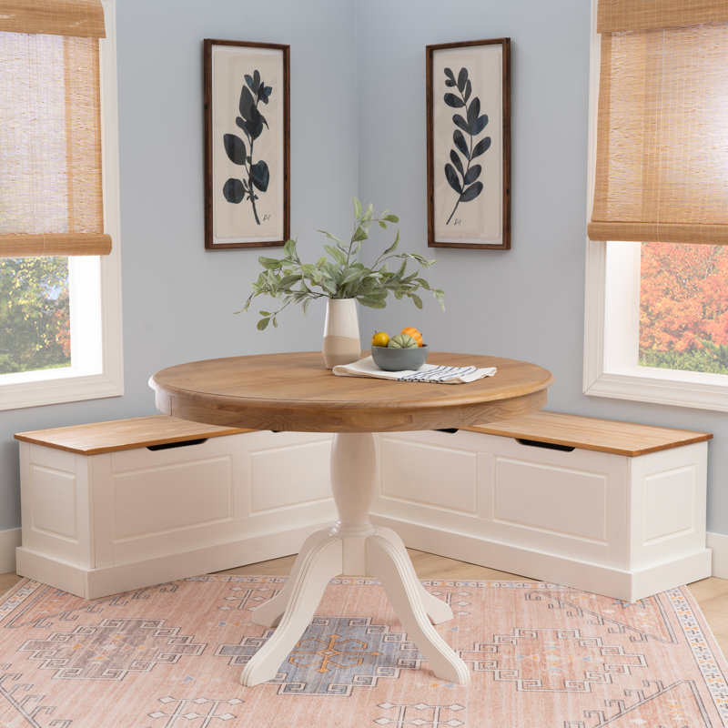 Selby 2- Piece Wood Storage Nook Dining Set With Round Table, White/Brown