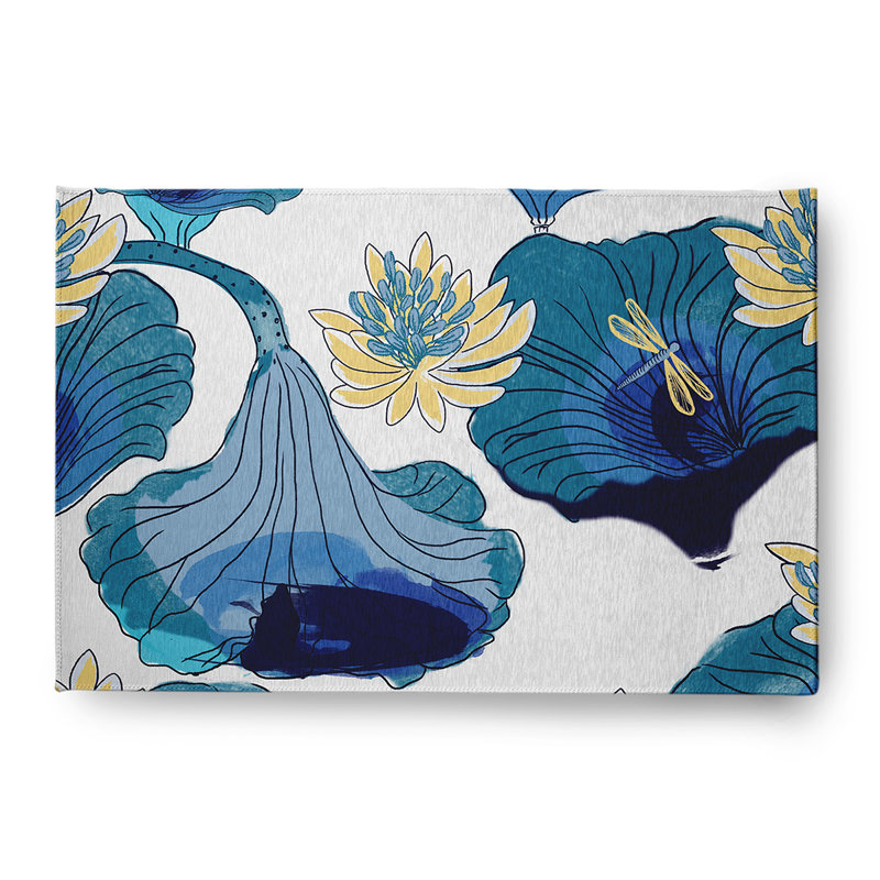 Tapis intérieur / extérieur tissé à la machine Floral en chenille bleu / jaune, Rectangle 4 pi x 6 pi