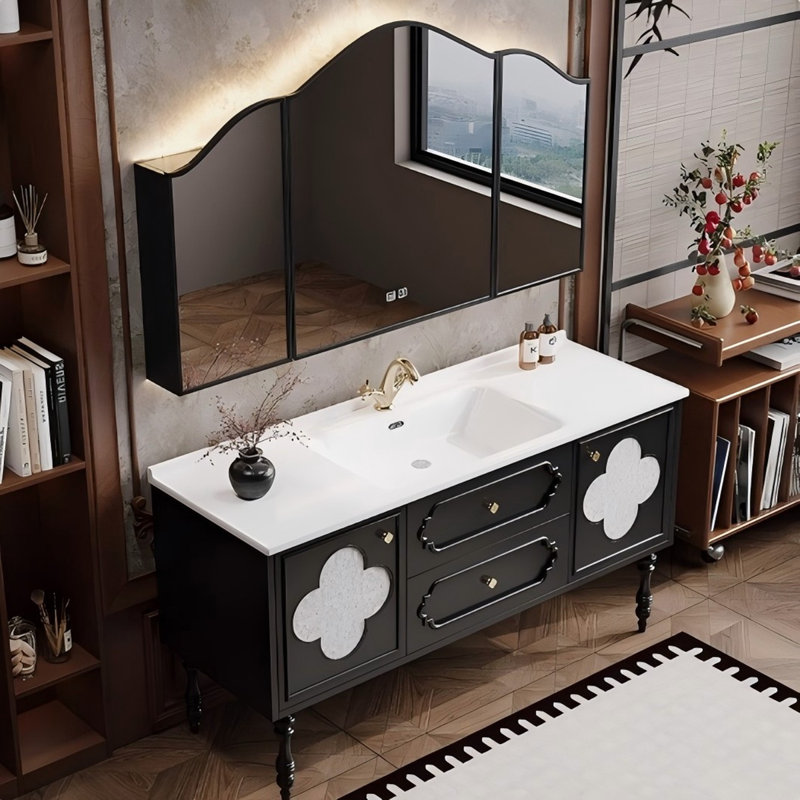 Ensemble de meuble-lavabo sur pied 39,37 po en bois massif noir et blanc avec miroir, 40"