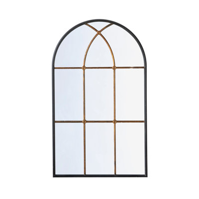 28.3x47" Arched Wall Mirror with Black and Gold Windowpane Design