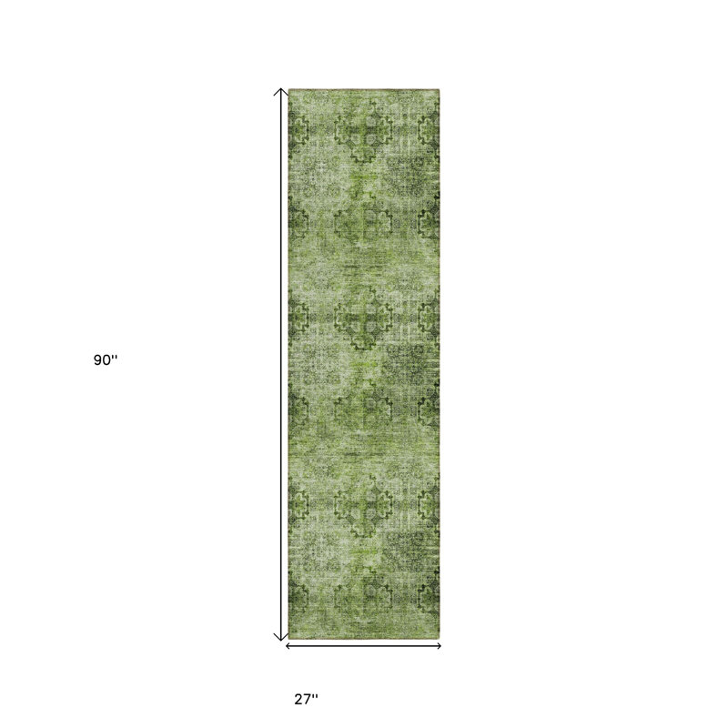 2' X 8' Olive Green Floral Medallion Washable Non Skid Indoor Outdoor Runner Rug