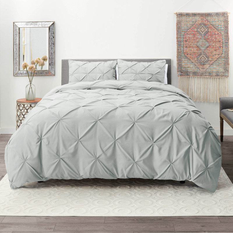 Double Brushed Pleated Duvet Cover Set, King Duvet Cover + 2 King Pillowcases, Silver Gray