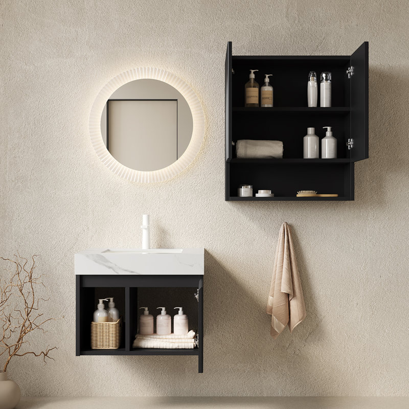 Ensemble meuble-lavabo suspendu EIDEN 61 cm + TOBI 66 cm, avec rangement intégré, comptoir en pierre frittée blanc Carrara, lavabo en céramique, 1 trou pré-percé pour robinetterie, robinetterie et bonde non inclus, couleur noir