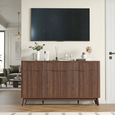 Modern Fluted Sideboard Buffet Cabinet for Dining Room -Spacious Drawers, Adjustable Shelves & Doors – Black Walnut