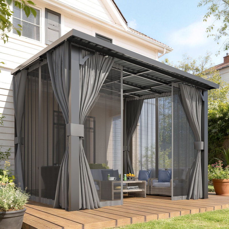 Wall‑Mounted Lean‑To Hardtop Gazebo, Heavy‑Duty Steel Roof Grill Gazebo Pergola With Curtains And Netting For Patio, Deck And Backyard