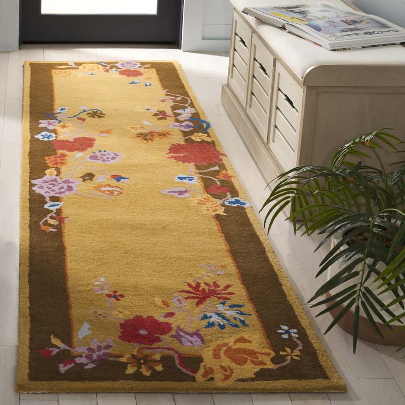 Laine touffetée à la main Metro 729; Tapis floral en coton doré / brun, Tapis de couloir 2 pi 3 po x 8 pi