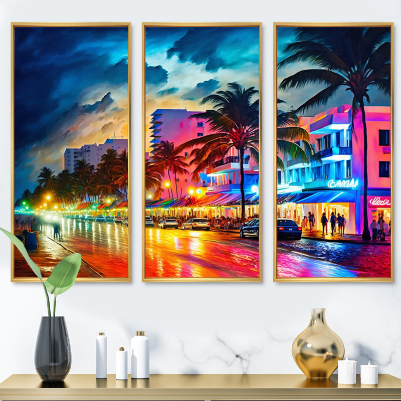 «Seline Seline Miami Beach Holidays 4 Architecture», reproduction de 3 pièces, H 28 po x l 36 po x P 1 po, Encadrement doré