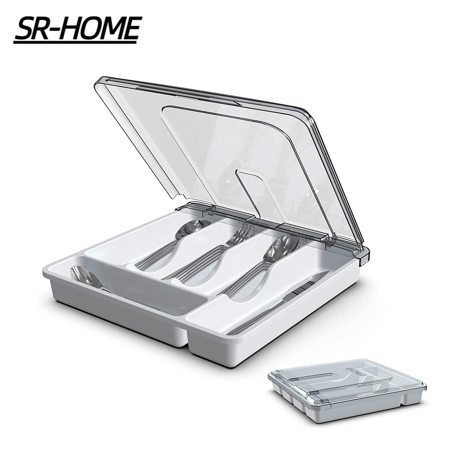 Silverware Organizer With Lid For Drawer, Plastic Utensil Holder For  Countertop, Flatware Storage Cutlery Tray With Cover 5 Compartments
