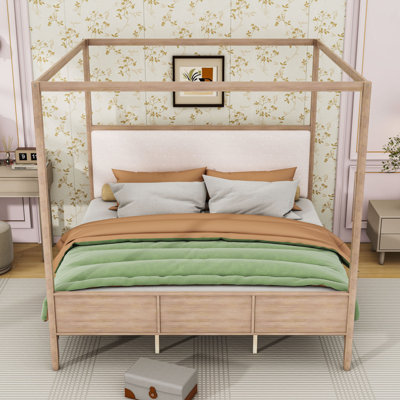 Wood Canopy Platform Bed with Padded Headboard and Sturdy Slats