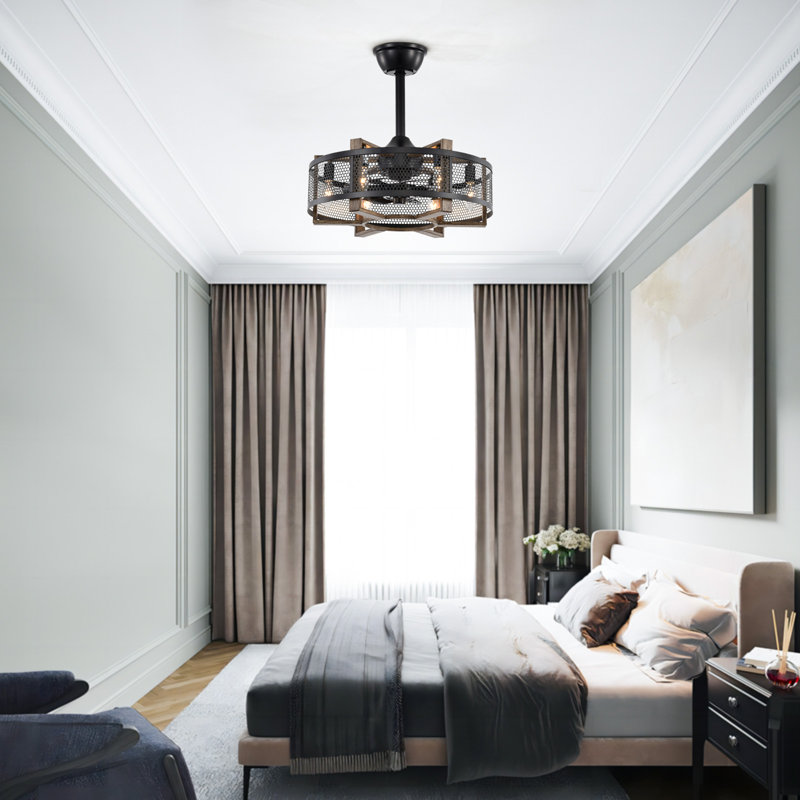 Ventilateur de plafond encastré en forme de tige avec cage en métal rétro et réversible 18,9 po Peaslee, Noir