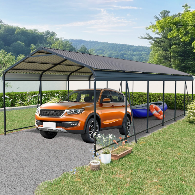 Abri d'auto polyvalent 12 x 32 pi - Toit en acier galvanisé, rayures verticales et installation tout-terrain