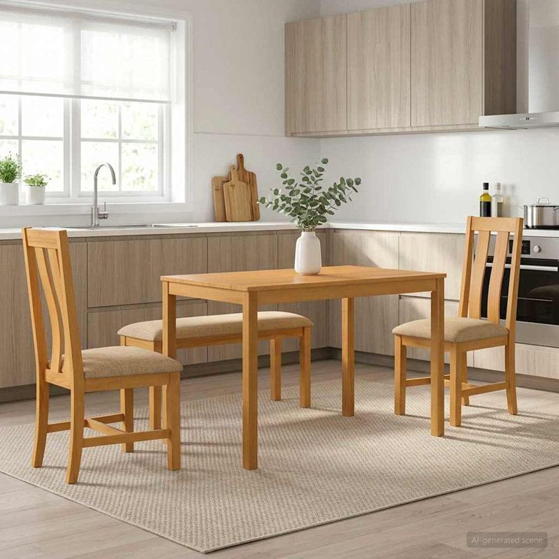 Oak Solid Wood Dining Set, Beige, Beige, Beige, Beige, 4