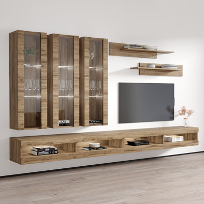 Flye 126" Modern Floating Wall Mounted Entertainment Center with 16-Color LED Lighting, High Gloss Finish