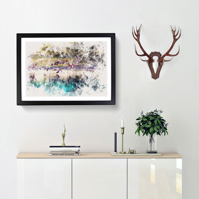 Flamingos Taking Flight - Picture Frame Painting Print, 62cm H x 87cm W x 2cm D, Black Framed