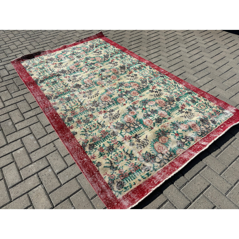 Tapis classique en laine beige, tapis floral 77,6 x 120,5 pouces