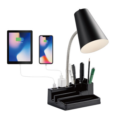  Lampe de bureau E26 avec 1 port de charge USB et 1 prise de courant, base de rangement, cou réglable, interrupteur marche / arrêt, lampe de table moderne pour lire, travailler, étudier (noir)