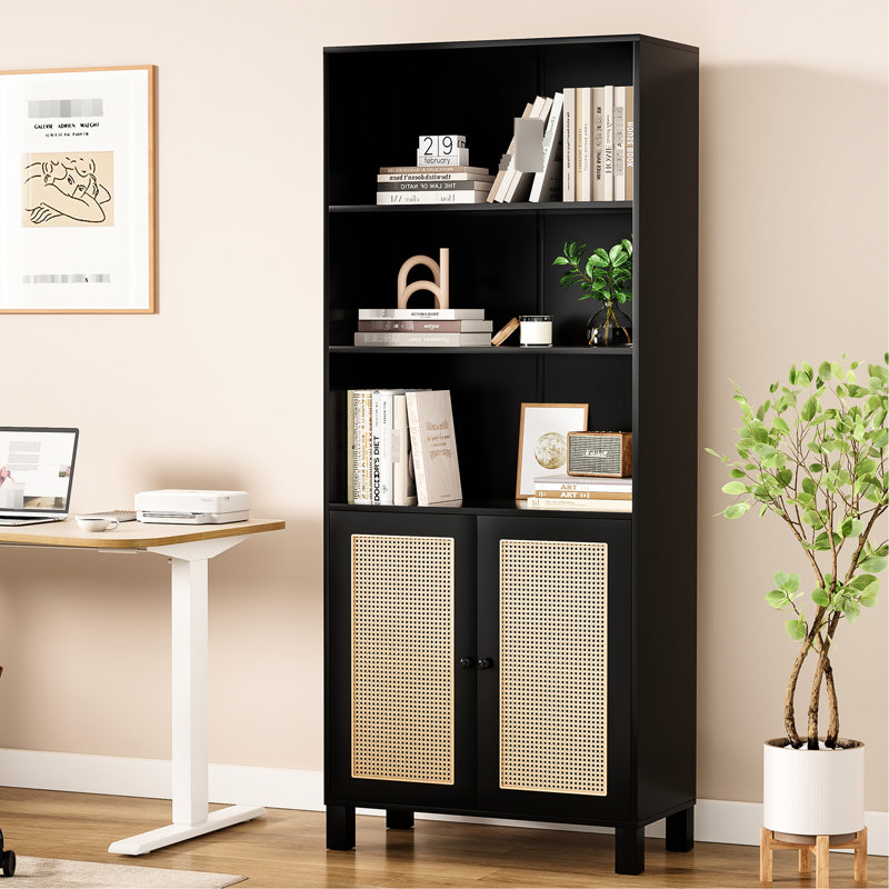 Bibliothèque à 5 niveaux avec portes en noir et facile à assembler pour les portes de bureau en bois, chambre noire, Noir