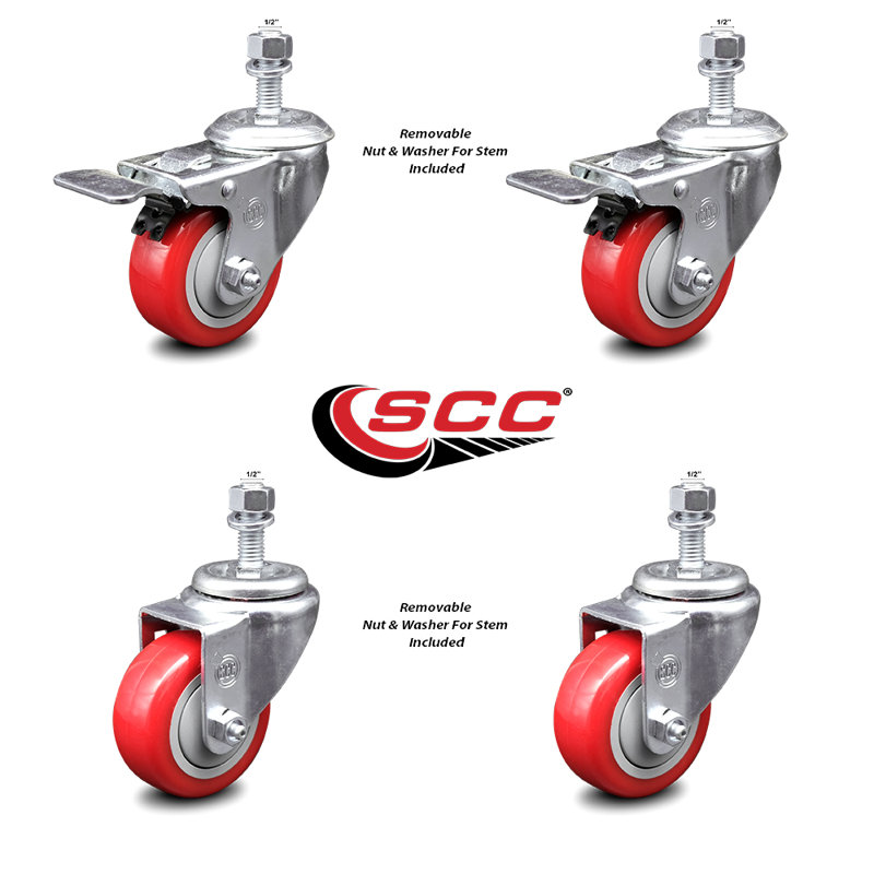 3 Inch SS Red Polyurethane ½ Inch Threaded Stem Caster Set 2 Total Lock Brake