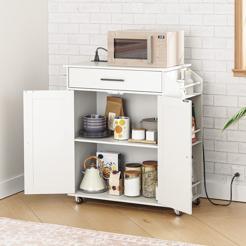 Aquisha 33.8" Rolling Kitchen Island with Power Outlet, White