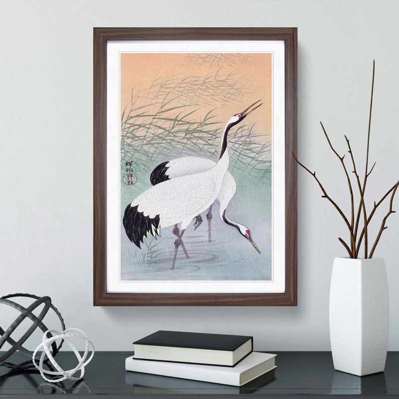 Two Cranes by Ohara Koson - Framed Print, 36cm H x 27cm W x 2cm D, Walnut Framed